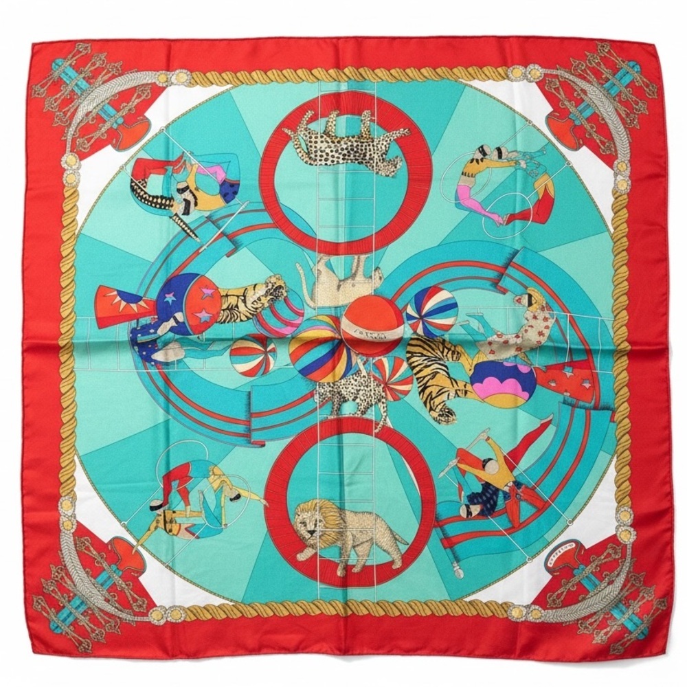 Hermes Circus 100% Silk Scarf in Red and Turquoise